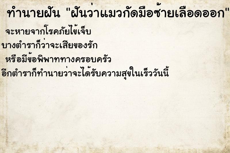 ทำนายฝันฝันว่าแมวกัดมือซ้ายเลือดออก ทำนายฝันทำนายฝันฝันว่าแมวกัดมือซ้ายเลือดออก