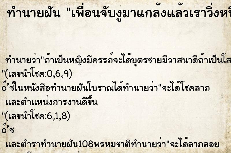 ทำนายฝัน เพื่อนจับงูมาแกล้งแล้วเราวิ่งหนี ทำนายฝัน เพื่อนจับงูมาแกล้งแล้วเราวิ่งหนี