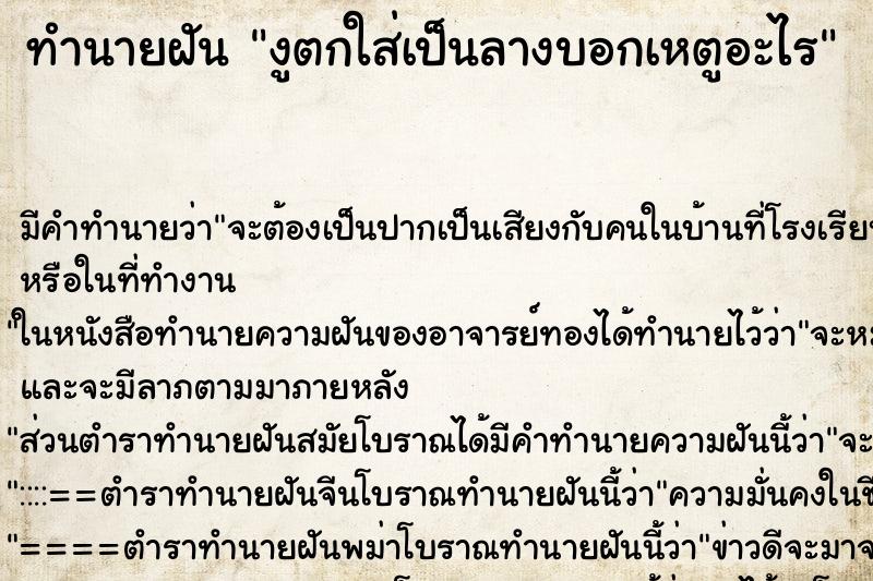 ทำนายฝันงูตกใส่เป็นลางบอกเหตูอะไร ทำนายฝันทำนายฝันงูตกใส่เป็นลางบอกเหตูอะไร