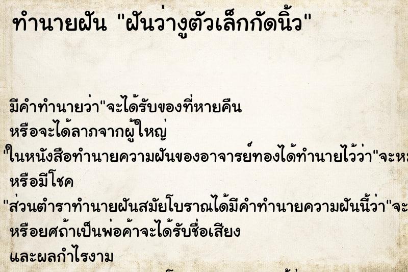 ทำนายฝันฝันว่างูตัวเล็กกัดนิ้ว ทำนายฝันทำนายฝันฝันว่างูตัวเล็กกัดนิ้ว
