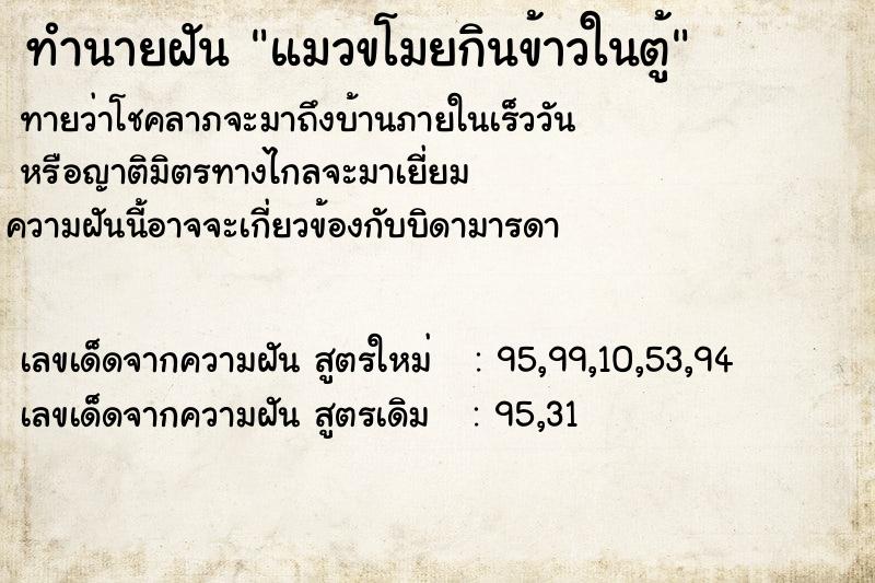 ทำนายฝันแมวขโมยกินข้าวในตู้ ทำนายฝันทำนายฝันแมวขโมยกินข้าวในตู้