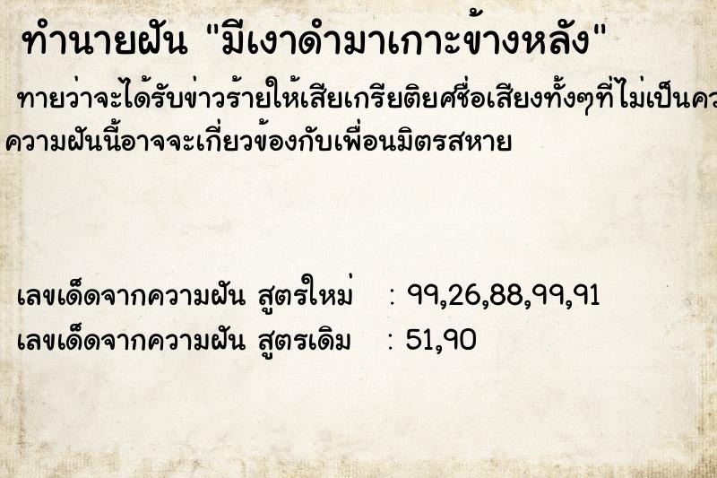 ทำนายฝันมีเงาดำมาเกาะข้างหลัง ทำนายฝันทำนายฝันมีเงาดำมาเกาะข้างหลัง