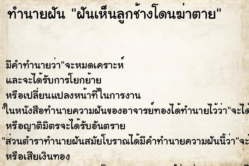 ทำนายฝันฝันเห็นลูกช้างโดนฆ่าตาย ทำนายฝันทำนายฝันฝันเห็นลูกช้างโดนฆ่าตาย