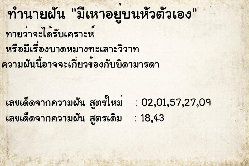 ทำนายฝันมีเหาอยู่บนหัวตัวเอง ทำนายฝันทำนายฝันมีเหาอยู่บนหัวตัวเอง