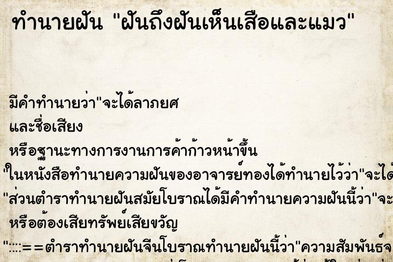 ทำนายฝันฝันถึงฝันเห็นเสือและแมว ทำนายฝันทำนายฝันฝันถึงฝันเห็นเสือและแมว