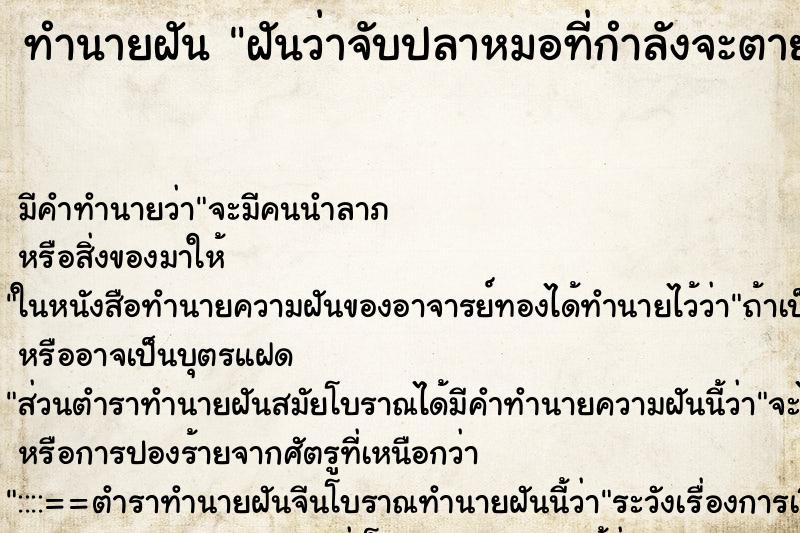 ทำนายฝันฝันว่าจับปลาหมอที่กำลังจะตายไปปล่อยน้ำใส ทำนายฝันทำนายฝันฝันว่าจับปลาหมอที่กำลังจะตายไปปล่อยน้ำใส