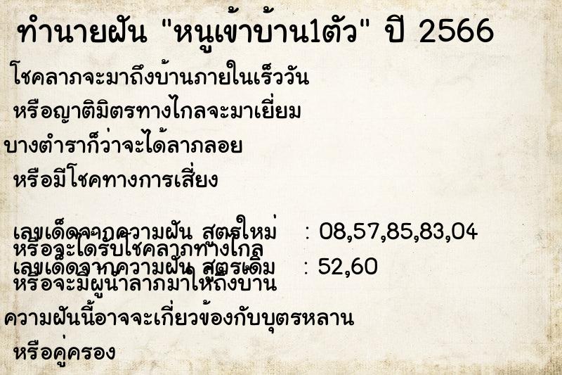 ทำนายฝันหนูเข้าบ้าน1ตัว ทำนายฝันทำนายฝันหนูเข้าบ้าน1ตัว