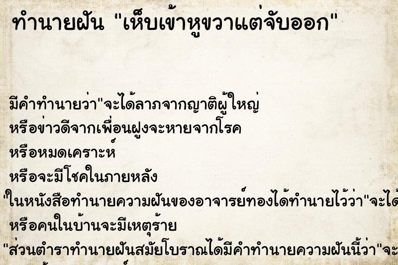 ทำนายฝัน เห็บเข้าหูขวาแต่จับออก ตำราโบราณ แม่นที่สุดในโลก