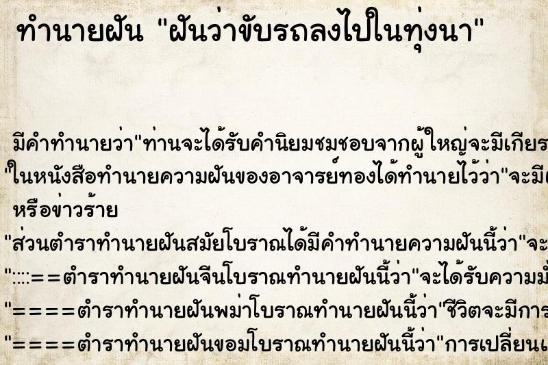 ทำนายฝัน ฝันว่าขับรถลงไปในทุ่งนา ทำนายฝัน ฝันว่าขับรถลงไปในทุ่งนา