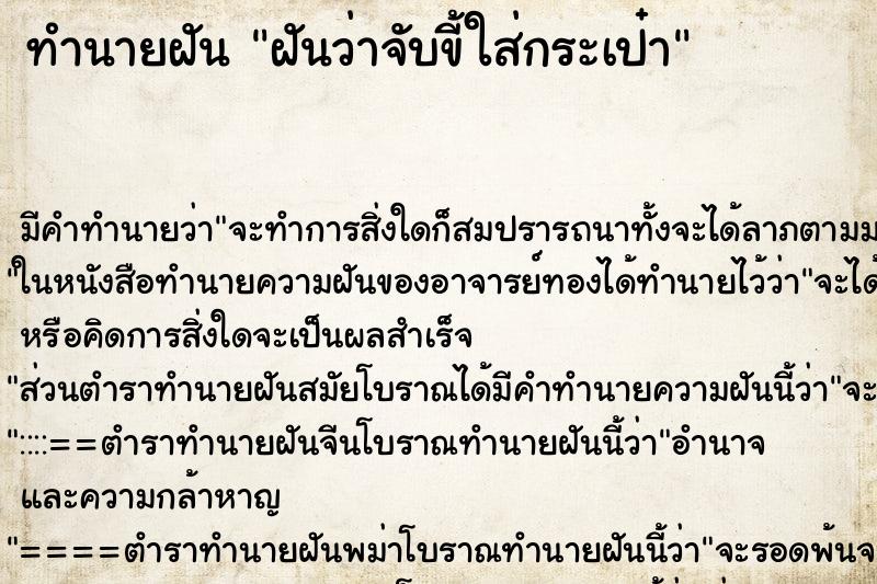 ทำนายฝัน ฝันว่าจับขี้ใส่กระเป๋า ทำนายฝัน ฝันว่าจับขี้ใส่กระเป๋า
