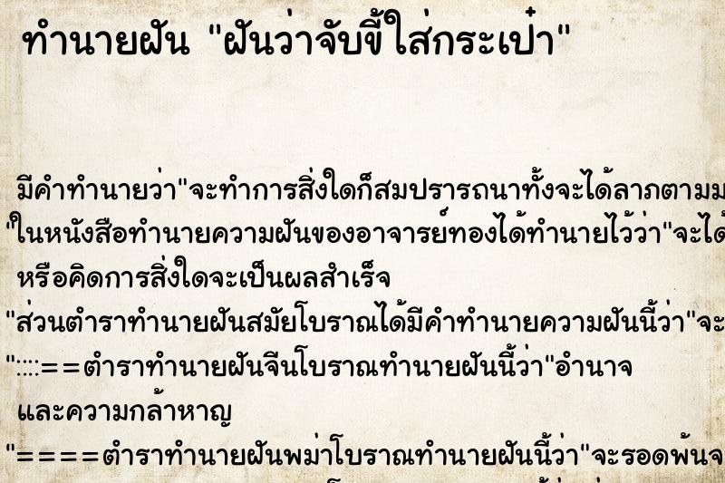 ทำนายฝัน ฝันว่าจับขี้ใส่กระเป๋า ตำราโบราณ แม่นที่สุดในโลก