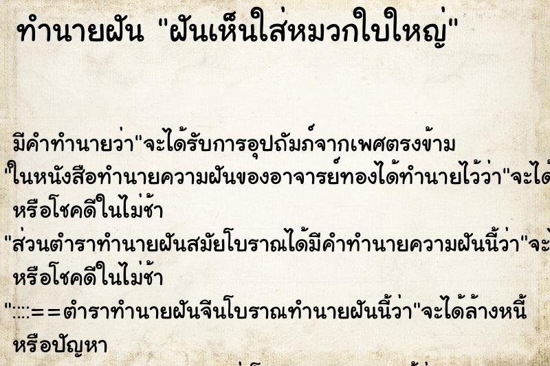 ทำนายฝัน ฝันเห็นใส่หมวกใบใหญ่ ทำนายฝัน ฝันเห็นใส่หมวกใบใหญ่
