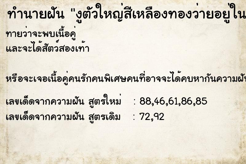 ทำนายฝัน งูตัวใหญ่สีเหลืองทองว่ายอยู่ในน้ำ ทำนายฝัน งูตัวใหญ่สีเหลืองทองว่ายอยู่ในน้ำ