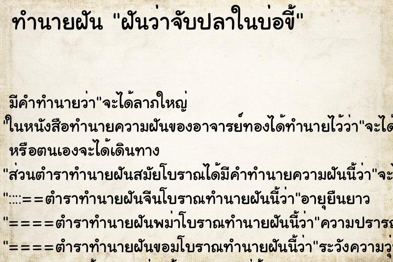ทำนายฝันฝันว่าจับปลาในบ่อขี้ ทำนายฝันทำนายฝันฝันว่าจับปลาในบ่อขี้