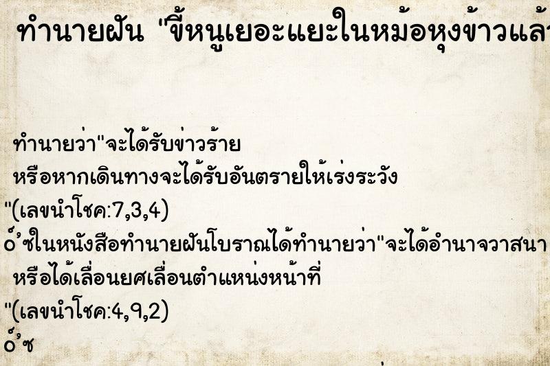 ทำนายฝันทำนายฝันขี้หนูเยอะแยะในหม้อหุงข้าวแล้วใช้น้ำซาวออก