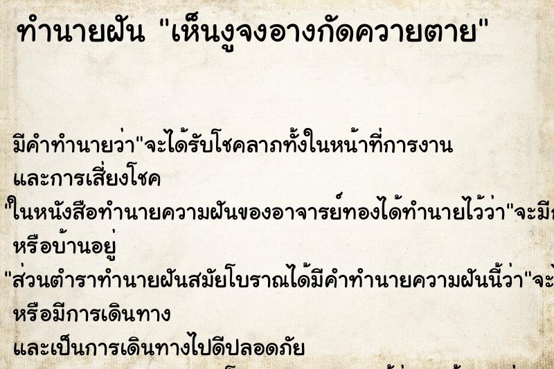ทำนายฝัน เห็นงูจงอางกัดควายตาย ทำนายฝัน เห็นงูจงอางกัดควายตาย
