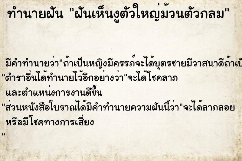 ทำนายฝัน ฝันเห็นงูตัวใหญ่ม้วนตัวกลม ทำนายฝัน ฝันเห็นงูตัวใหญ่ม้วนตัวกลม