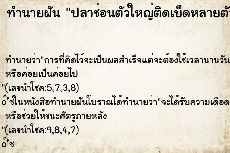 ทำนายฝัน ปลาช่อนตัวใหญ่ติดเบ็ดหลายตัว ทำนายฝัน ปลาช่อนตัวใหญ่ติดเบ็ดหลายตัว