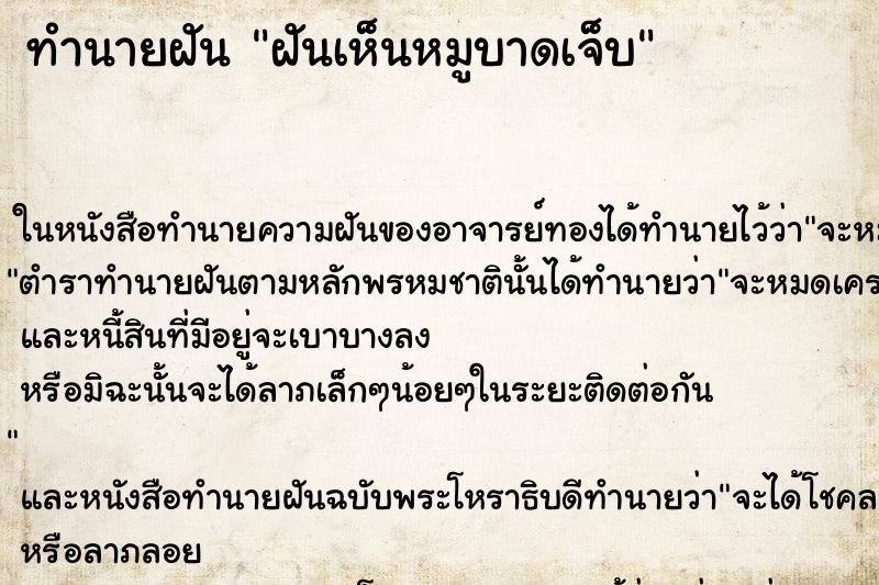 ทำนายฝันฝันเห็นหมูบาดเจ็บ ทำนายฝันทำนายฝันฝันเห็นหมูบาดเจ็บ
