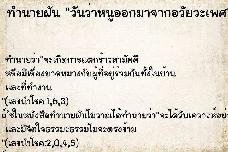 ทำนายฝันวันว่าหนูออกมาจากอวัยวะเพศ ทำนายฝันทำนายฝันวันว่าหนูออกมาจากอวัยวะเพศ