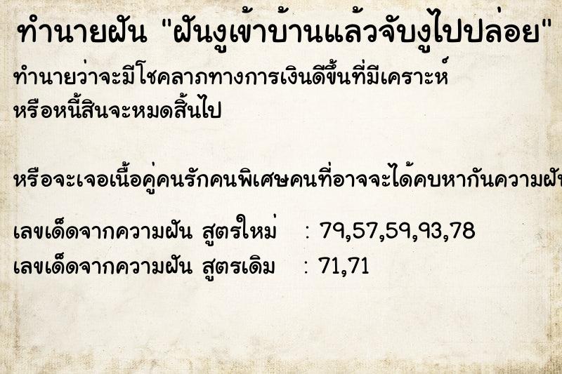 ทำนายฝันทำนายฝันฝันงูเข้าบ้านแล้วจับงูไปปล่อย