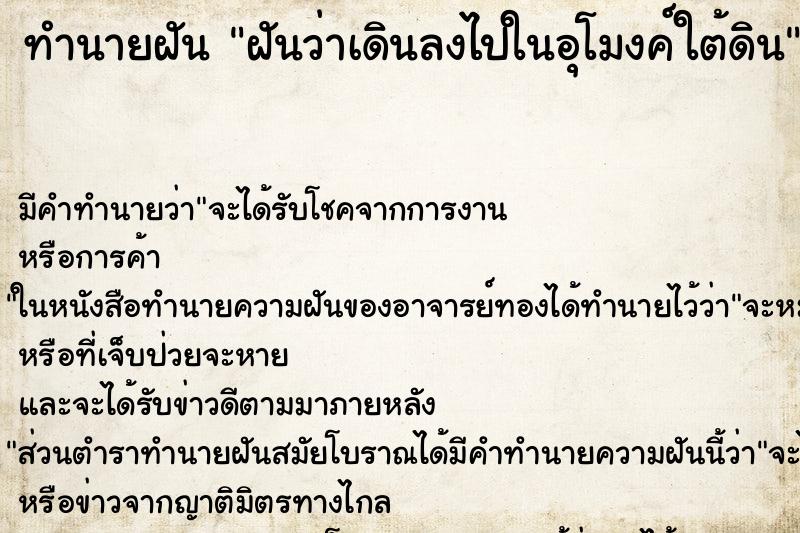 ทำนายฝัน ฝันว่าเดินลงไปในอุโมงค์ใต้ดิน ทำนายฝัน ฝันว่าเดินลงไปในอุโมงค์ใต้ดิน