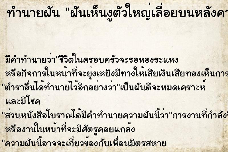 ทำนายฝันฝันเห็นงูตัวใหญ่เลื่อยบนหลังคา ทำนายฝันทำนายฝันฝันเห็นงูตัวใหญ่เลื่อยบนหลังคา