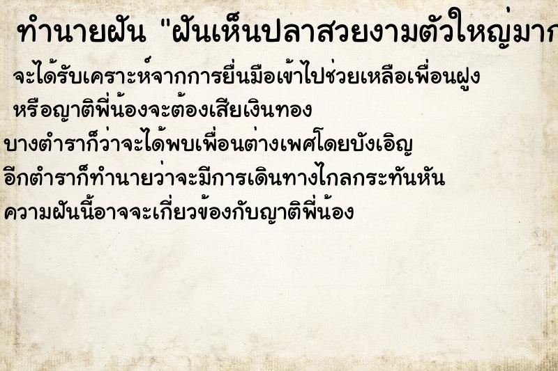ทำนายฝันฝันเห็นปลาสวยงามตัวใหญ่มาก ทำนายฝันทำนายฝันฝันเห็นปลาสวยงามตัวใหญ่มาก