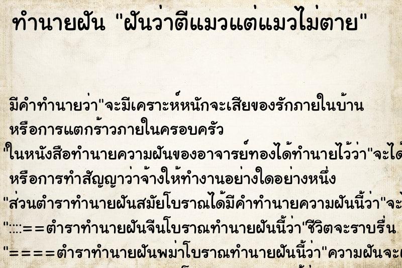 ทำนายฝัน ฝันว่าตีแมวแต่แมวไม่ตาย ตำราโบราณ แม่นที่สุดในโลก