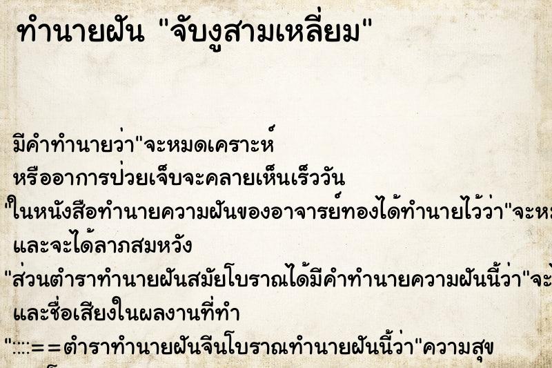 ทำนายฝัน จับงูสามเหลี่ยม ตำราโบราณ แม่นที่สุดในโลก