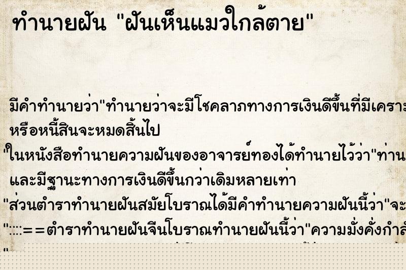 ทำนายฝัน ฝันเห็นแมวใกล้ตาย ทำนายฝัน ฝันเห็นแมวใกล้ตาย