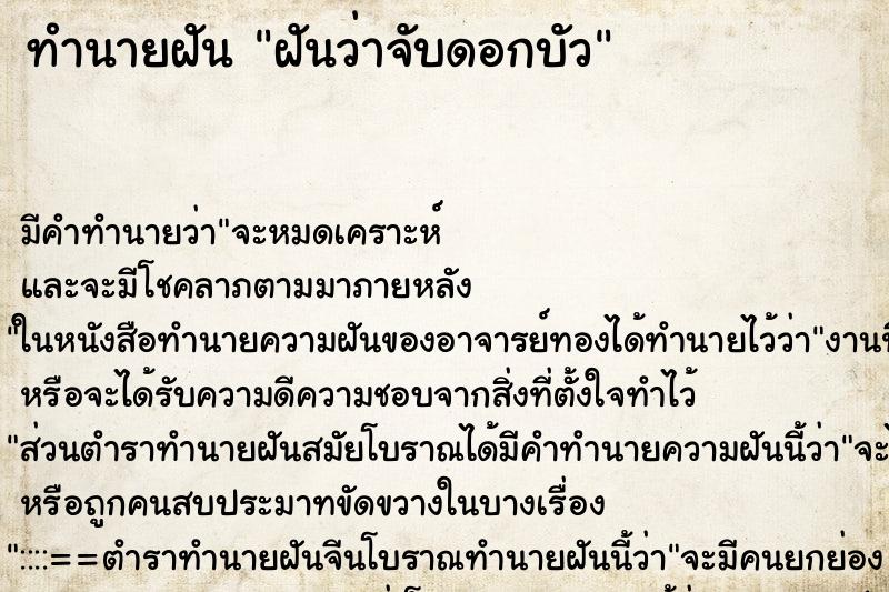 ทำนายฝัน ฝันว่าจับดอกบัว ทำนายฝัน ฝันว่าจับดอกบัว