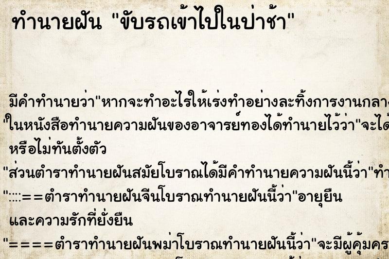 ทำนายฝัน ขับรถเข้าไปในป่าช้า ทำนายฝัน ขับรถเข้าไปในป่าช้า