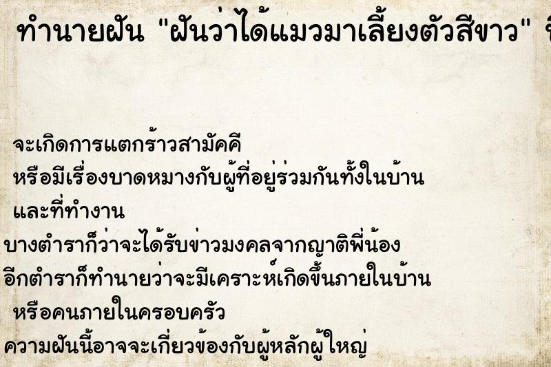 ทำนายฝัน ฝันว่าได้แมวมาเลี้ยงตัวสีขาว