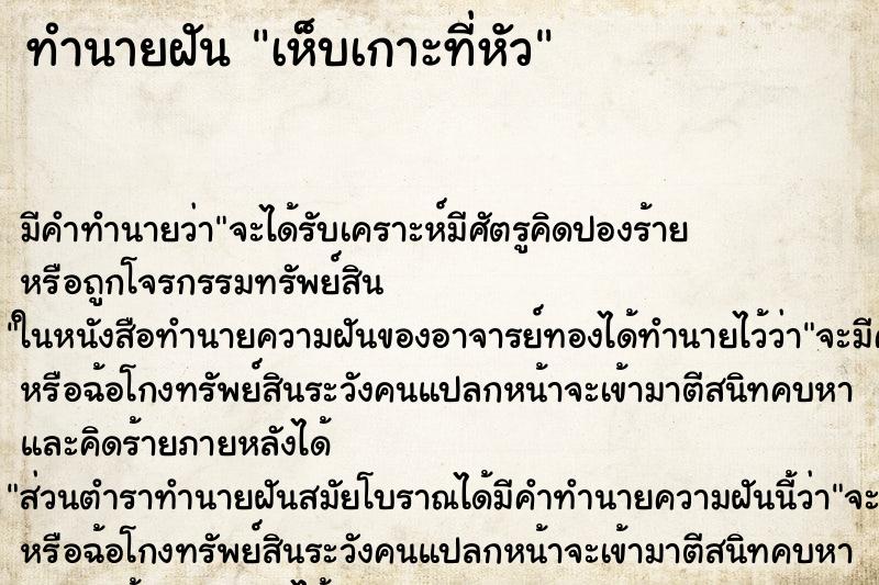 ทำนายฝันเห็บเกาะที่หัว ทำนายฝันทำนายฝันเห็บเกาะที่หัว