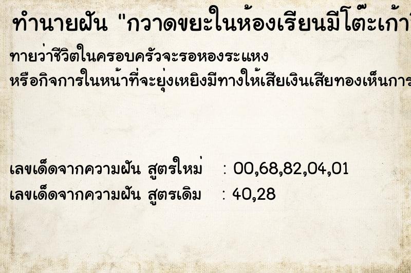 ทำนายฝันกวาดขยะในห้องเรียนมีโต๊ะเก้าอี้เต็ม ทำนายฝันทำนายฝันกวาดขยะในห้องเรียนมีโต๊ะเก้าอี้เต็ม