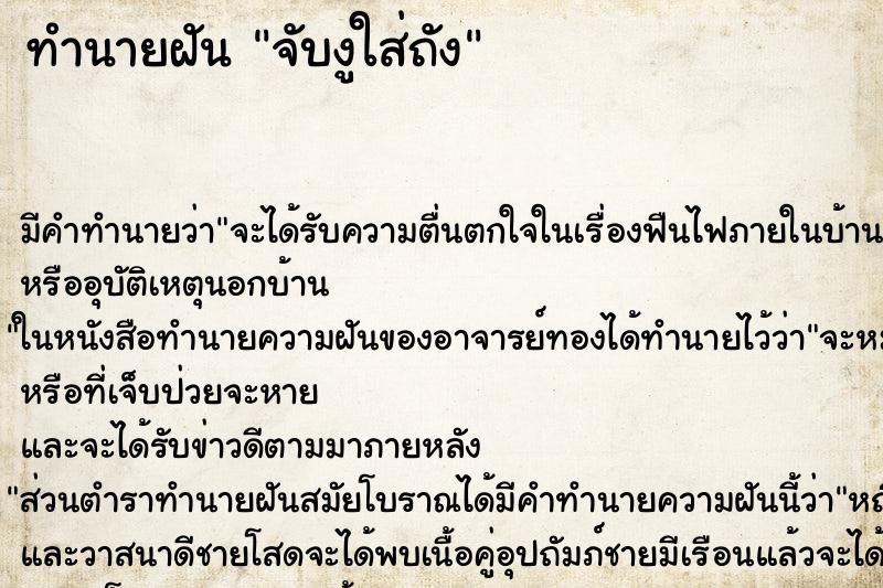 ทำนายฝัน จับงูใส่ถัง ตำราโบราณ แม่นที่สุดในโลก