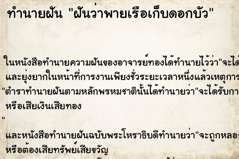 ทำนายฝันฝันว่าพายเรือเก็บดอกบัว ทำนายฝันทำนายฝันฝันว่าพายเรือเก็บดอกบัว