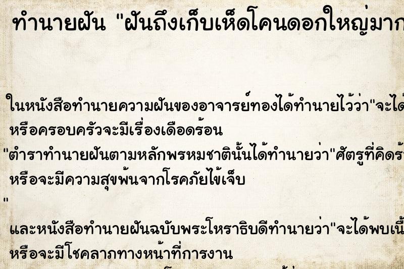 ทำนายฝันทำนายฝันฝันถึงเก็บเห็ดโคนดอกใหญ่มาก