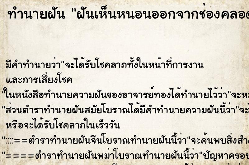 ทำนายฝัน ฝันเห็นหนอนออกจากช่องคลอด ทำนายฝัน ฝันเห็นหนอนออกจากช่องคลอด