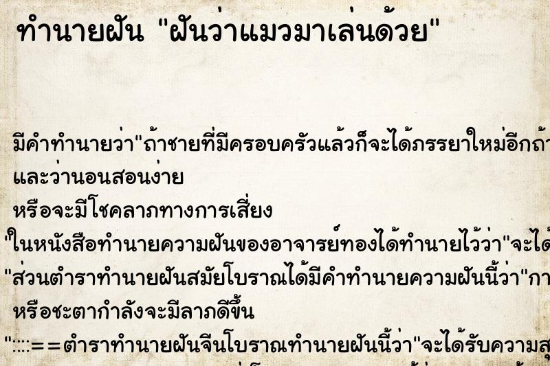 ทำนายฝัน ฝันว่าแมวมาเล่นด้วย ตำราโบราณ แม่นที่สุดในโลก