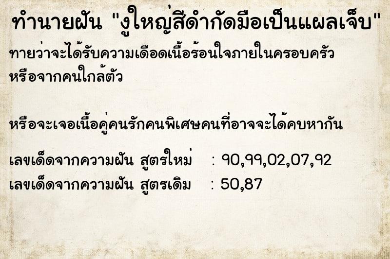 ทำนายฝันงูใหญ่สีดำกัดมือเป็นแผลเจ็บ ทำนายฝันทำนายฝันงูใหญ่สีดำกัดมือเป็นแผลเจ็บ