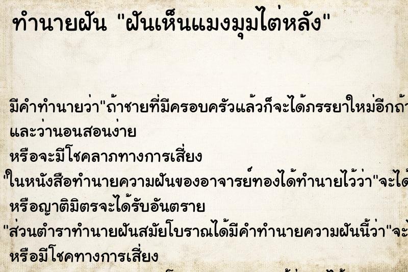 ทำนายฝันฝันเห็นแมงมุมไต่หลัง ทำนายฝันทำนายฝันฝันเห็นแมงมุมไต่หลัง