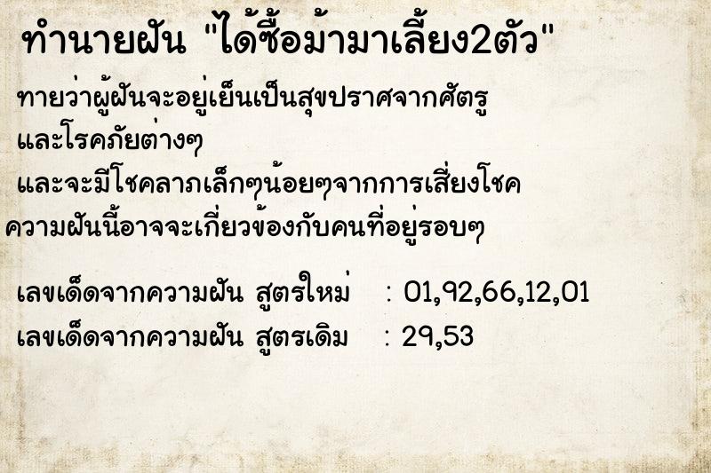 ทำนายฝันทำนายฝันได้ซื้อม้ามาเลี้ยง2ตัว