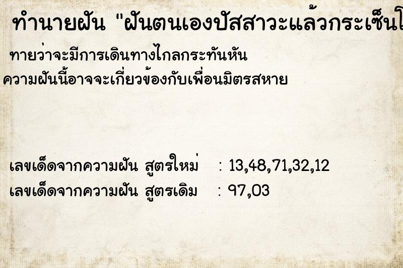 ทำนายฝันฝันตนเองปัสสาวะแล้วกระเซ็นโดนคนอื่น ทำนายฝันทำนายฝันฝันตนเองปัสสาวะแล้วกระเซ็นโดนคนอื่น