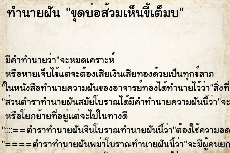 ทำนายฝัน ขุดบ่อส้วมเห็นขี้เต็มบ ทำนายฝัน ขุดบ่อส้วมเห็นขี้เต็มบ