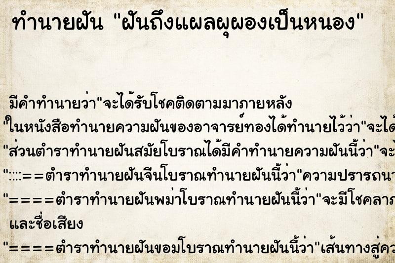 ทำนายฝันฝันถึงแผลผุผองเป็นหนอง ทำนายฝันทำนายฝันฝันถึงแผลผุผองเป็นหนอง