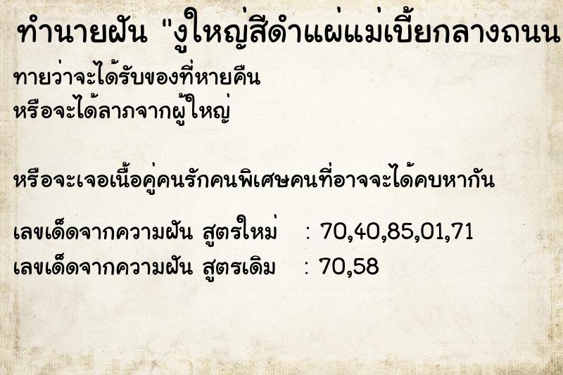 ทำนายฝันทำนายฝันงูใหญ่สีดำแผ่แม่เบี้ยกลางถนน