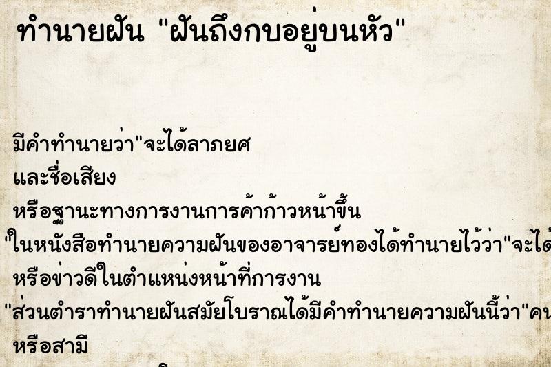 ทำนายฝันฝันถึงกบอยู่บนหัว ทำนายฝันทำนายฝันฝันถึงกบอยู่บนหัว