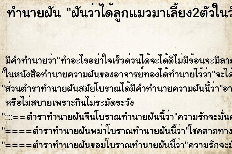 ทำนายฝันฝันว่าได้ลูกแมวมาเลี้ยง2ตัวในวัน ทำนายฝันทำนายฝันฝันว่าได้ลูกแมวมาเลี้ยง2ตัวในวัน